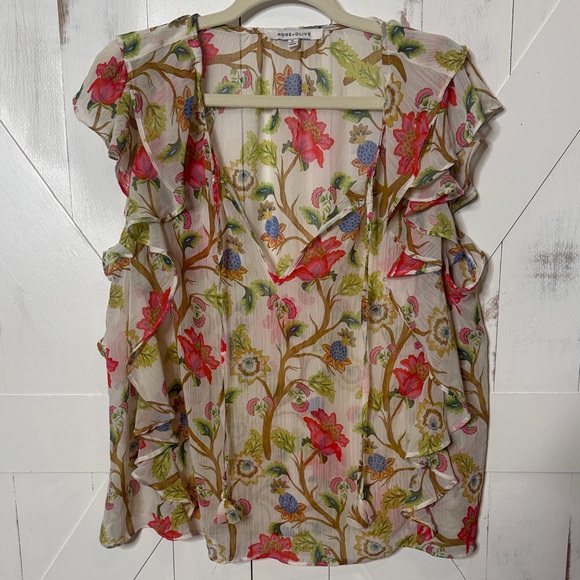 Rose & Olive Tops - Rose & Olive Sheer Floral V Neck Ruffle Top White Pink Green